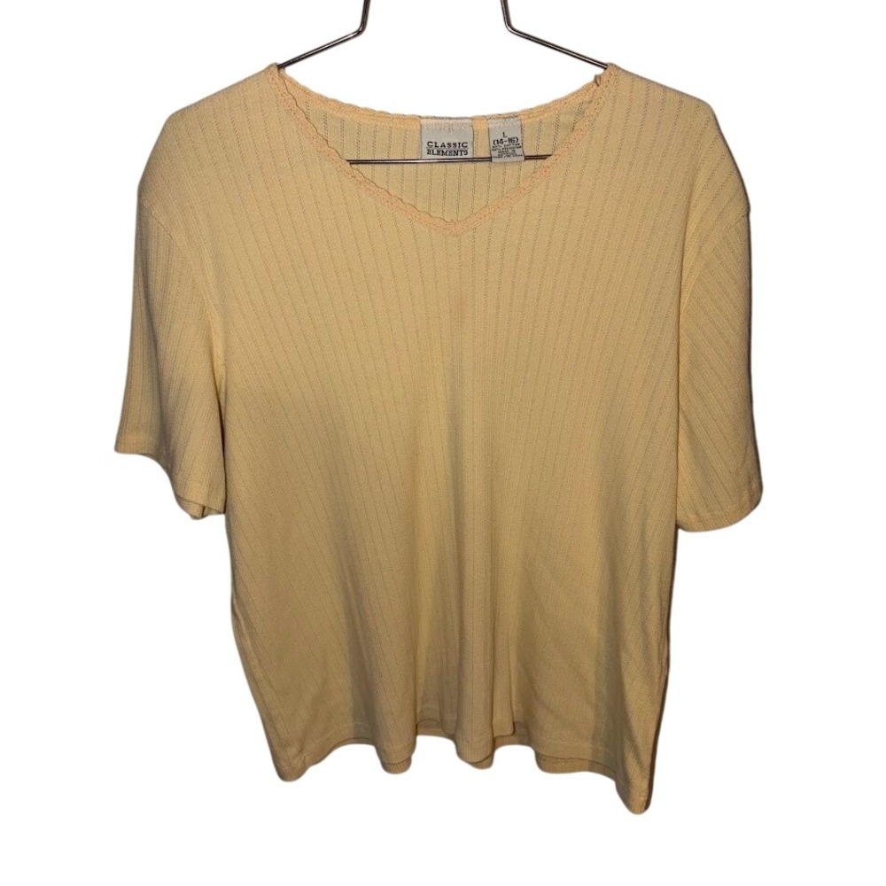 Classic Elements Womens Yellow Ribbed V-Neck Lace Trim Short Sleeve Top Size L